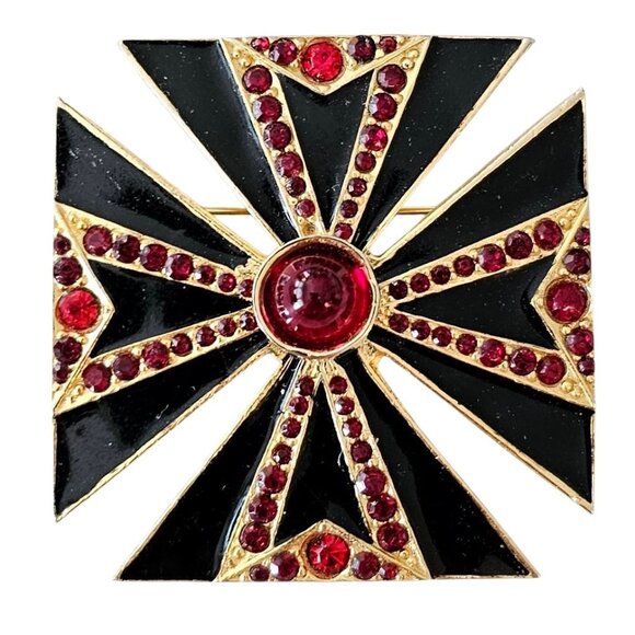 Maltese Cross Brooch Black Enamel, Red Rhinestone Pin Pendant - Picture 1 of 10